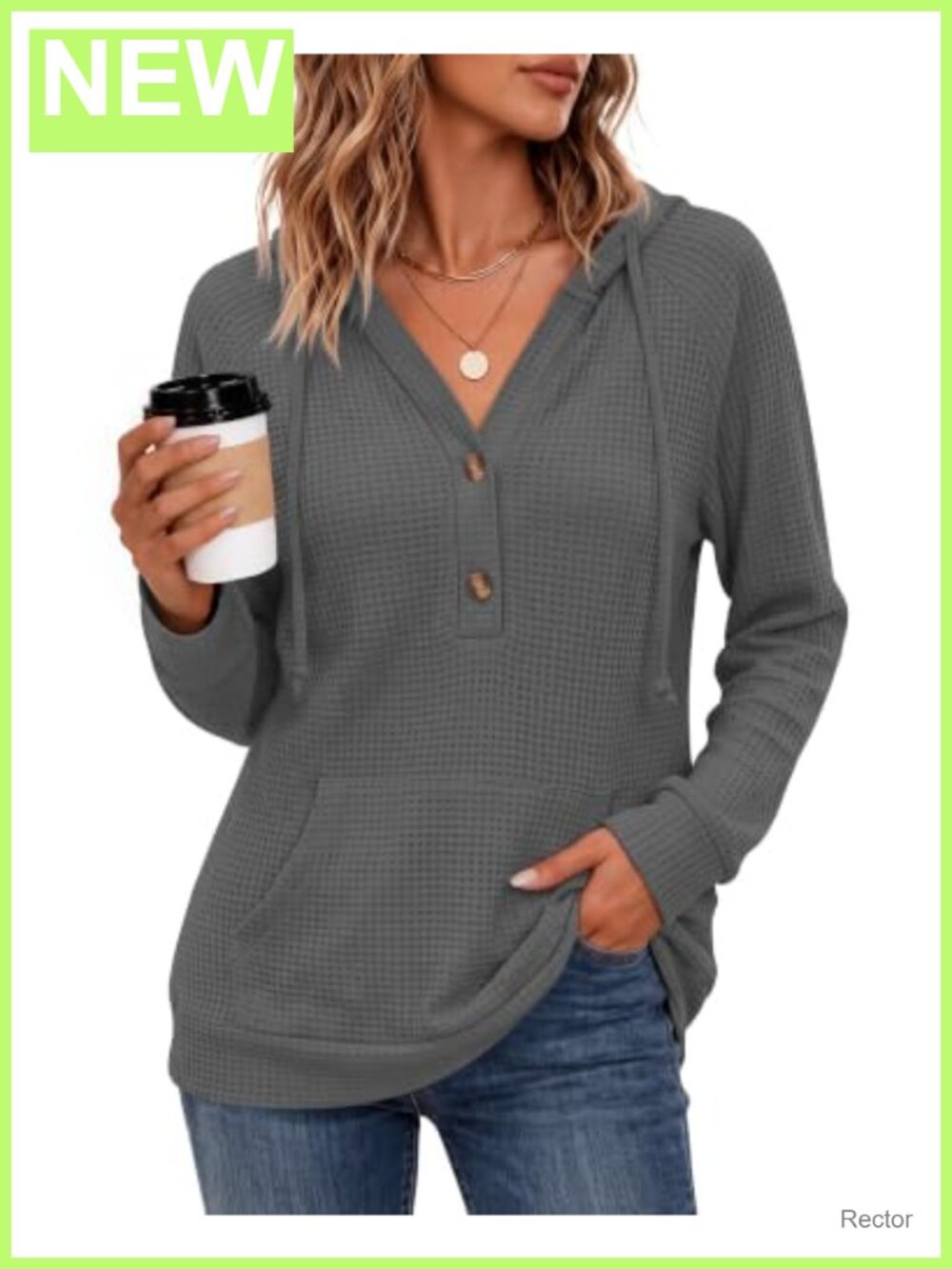 Waffle Knit Button Henley Hoodie Long Sleeve Casual Sweatshirt